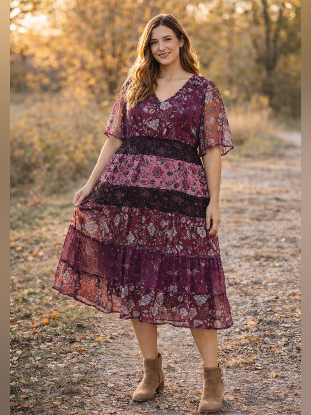 Boho Floral Midi Dress NWT  | Tiered Lace Sheer Sleeve · RoZ & Ali